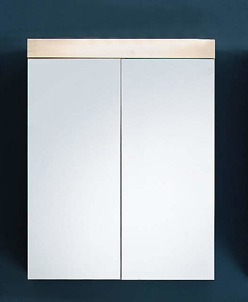 Armoire de toilette murale - 2 portes miroir -mélaminé blanc - bandeau chêneL - H - P : 60 - 77 - 17 cm