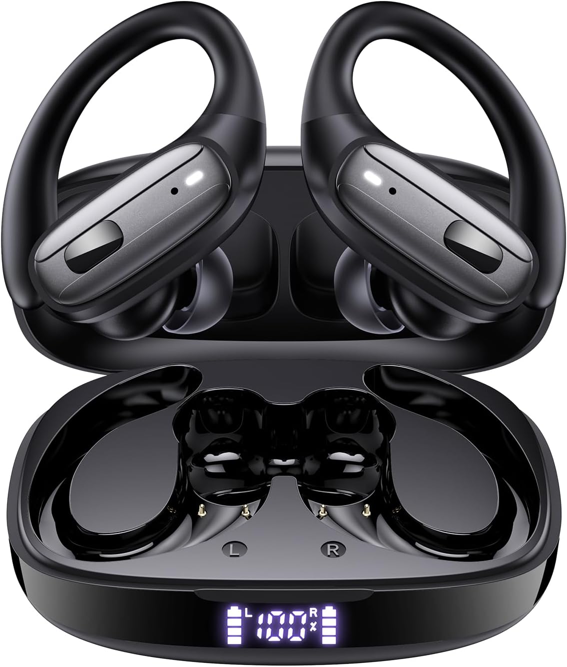 LEEMC Wireless Earbuds, Bluetooth Headphones 5.4, Ear Buds with Hooks for Sports, 80Hr Playtime Earphones, LED Display, IPX7 Waterproof Headset for Workout Running, Black