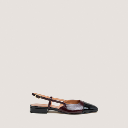 Ballerines ouvertesen cuir verni noir et vernis plissé bordeaux | DHAPOU
