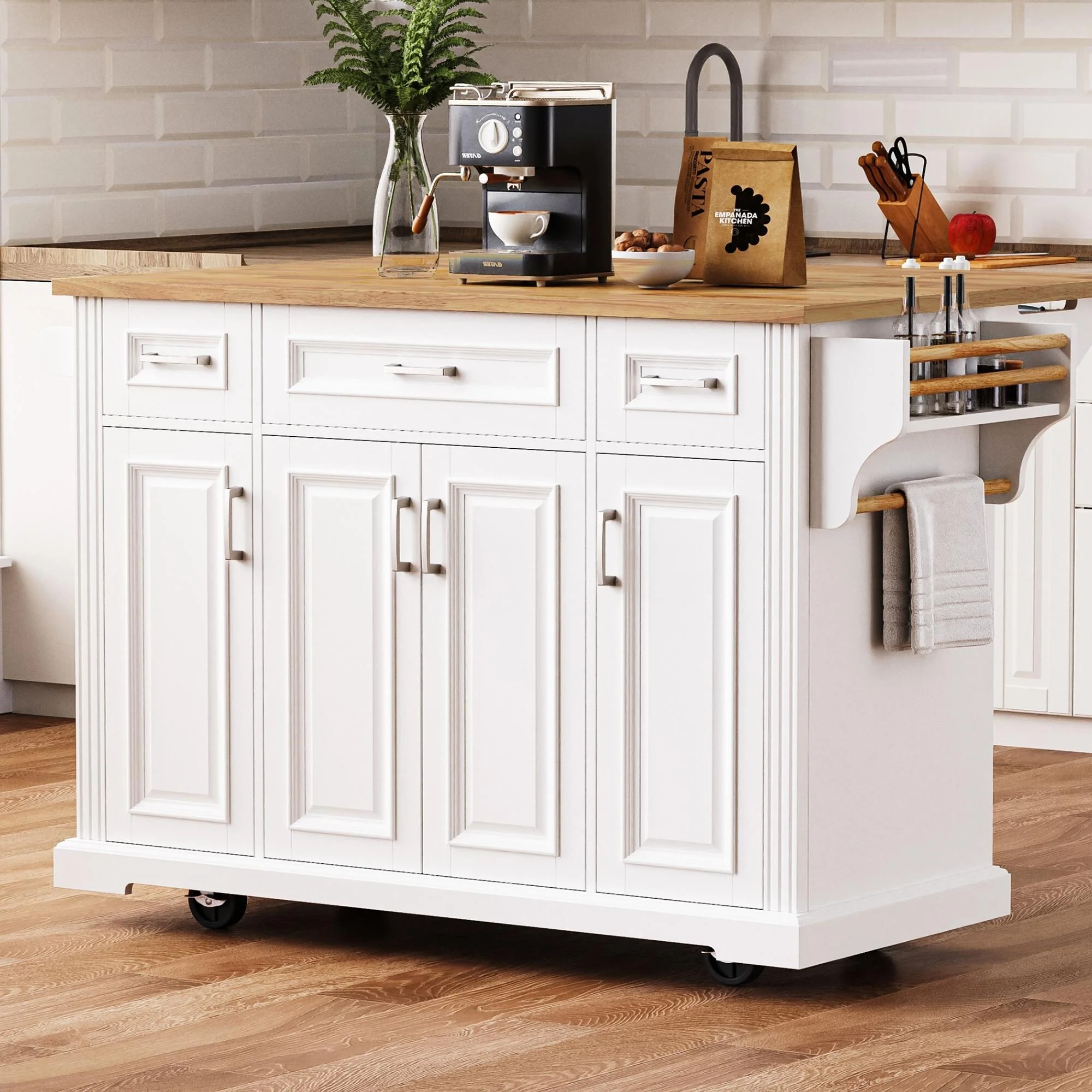 Rolling Kitchen Island with Drop Leaf, Kitchen Island Cart on Wheels, Moveable Island Table with 4 Doors Cabinet & 3 Drawers