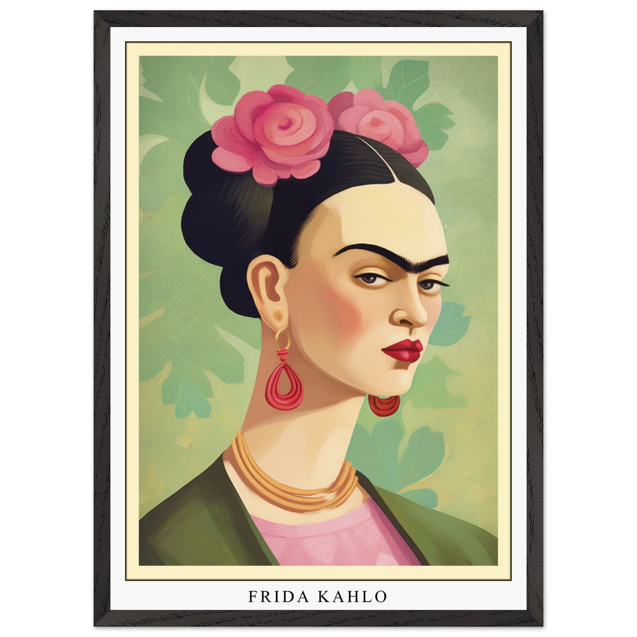 Artfulprints Poster met Lijst Frida Kahlo - Floral icon portrait  - 50x70 cm - Groen