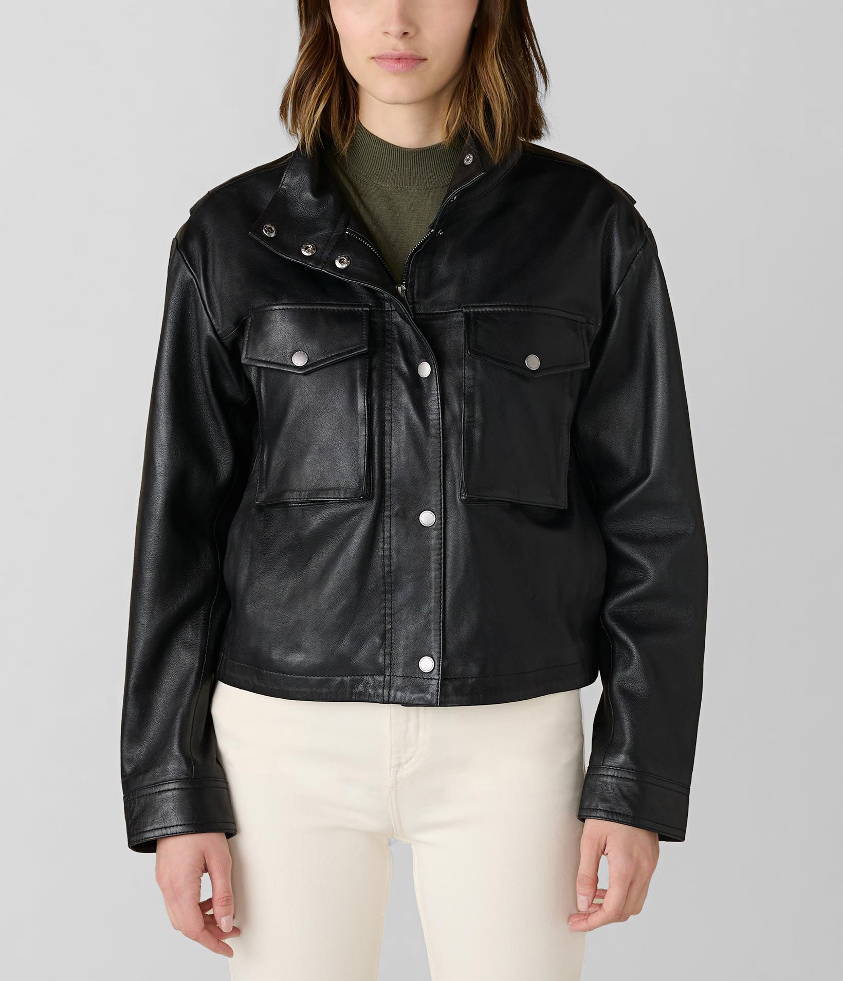 Button Neck Leather Jacket