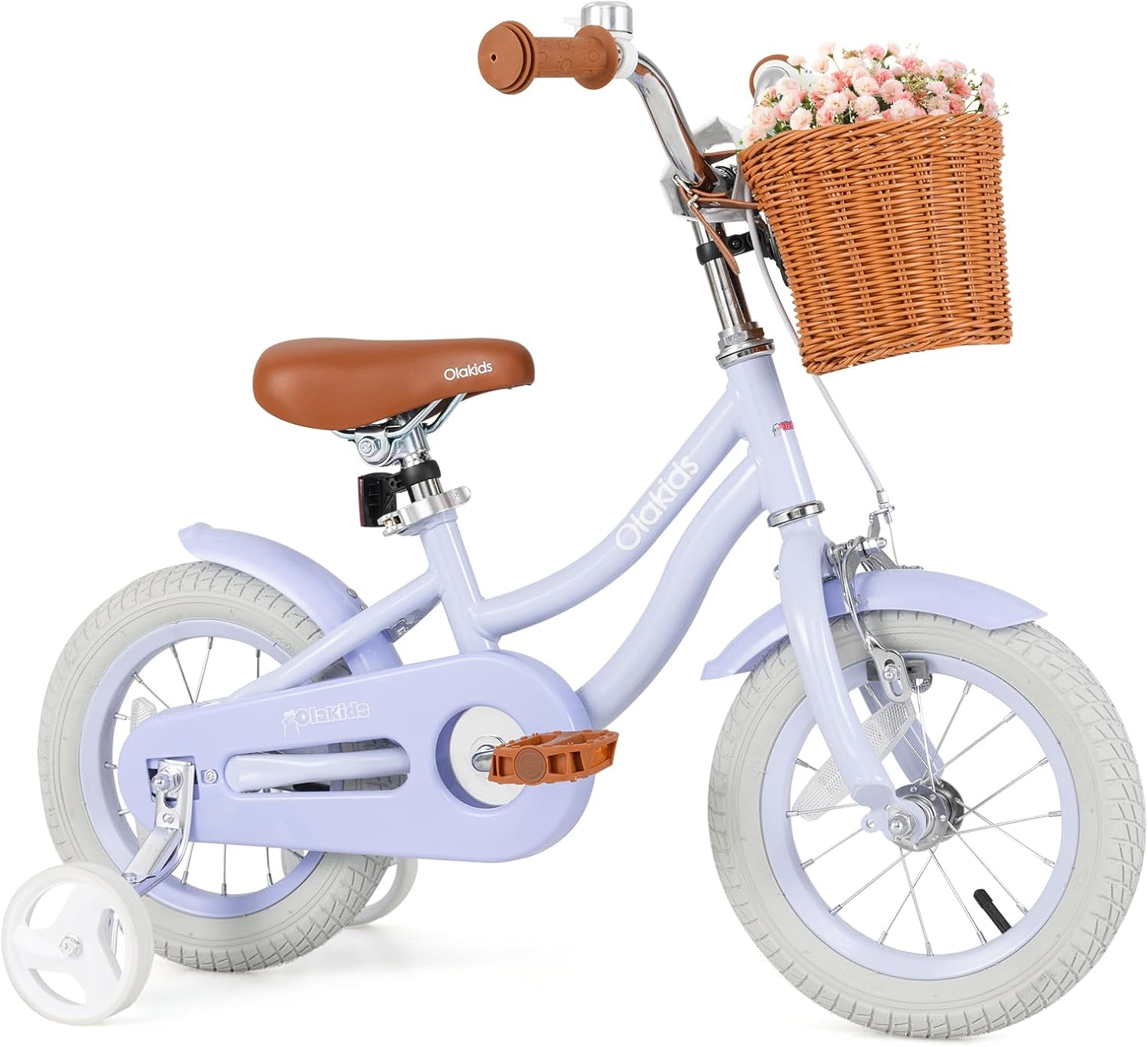 Olakids Kids Bike, 12 14 16 18 20 Inch Toddlers Bike with Training Wheels Rattan Basket Safety Bell Adjustable Seat and Handlebar, Children's Bicycle for Girls Boys