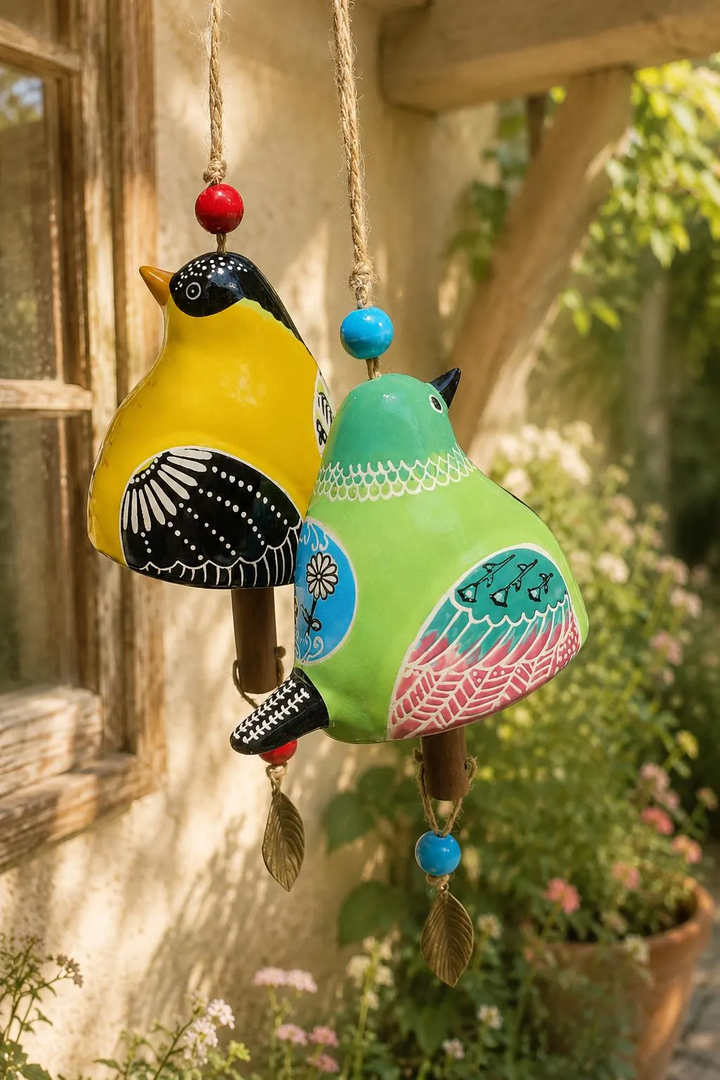 Hand-Painted Resin Bird Wind Chime, Colorful Folk Art Garden Hanging Decor