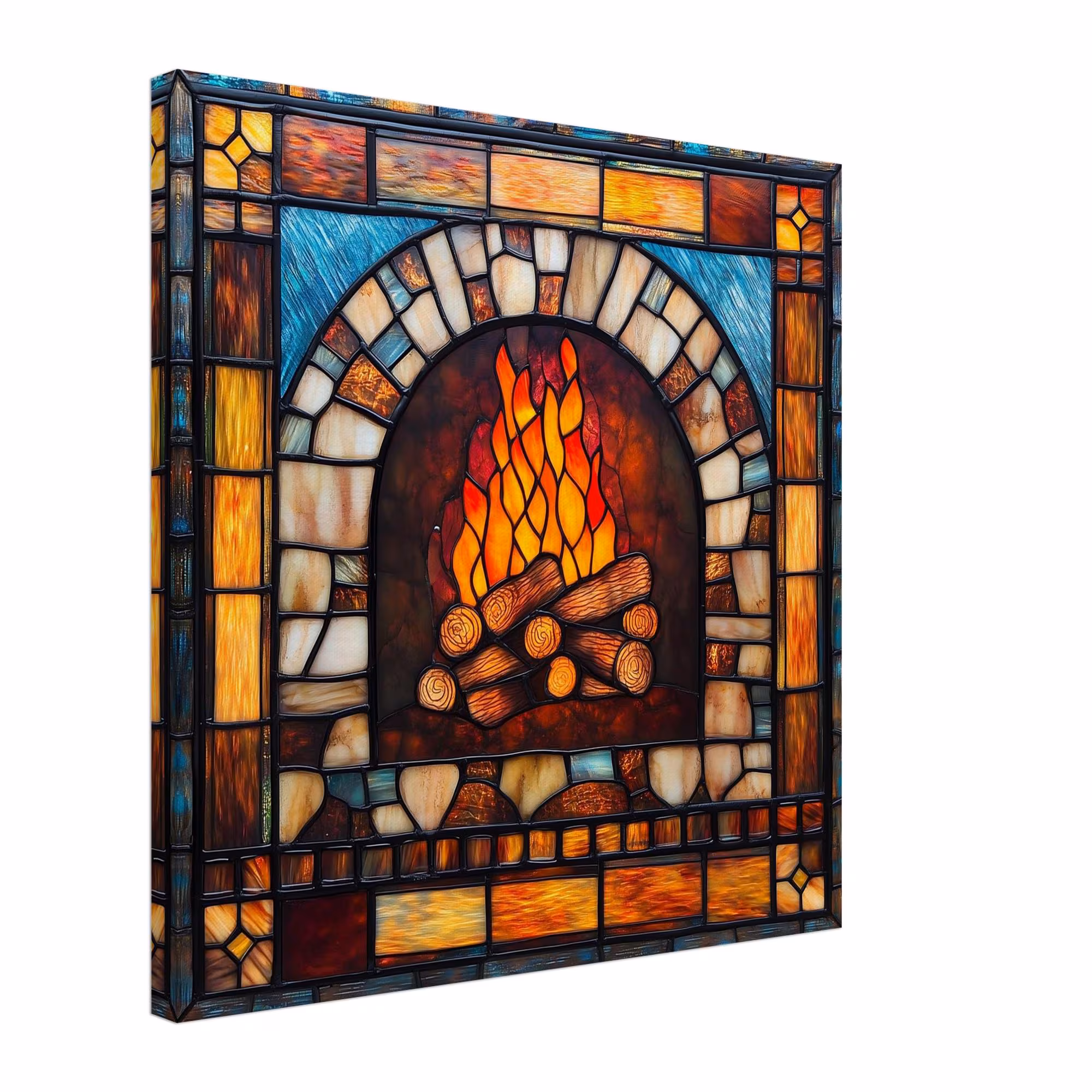 Cozy Hearth, Stained Glass Canvas Art of a Fireplace with Burning Logs, Faux Stained Glass Artwork