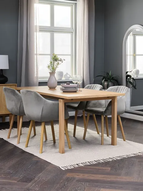 MEJLSKOV L180 bord natur eg + 4 ADSLEV stole grå velour