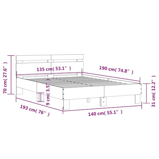 NNEVL Bed Frame with Headboard Sonoma Oak 135x190 cm Engineered Wood