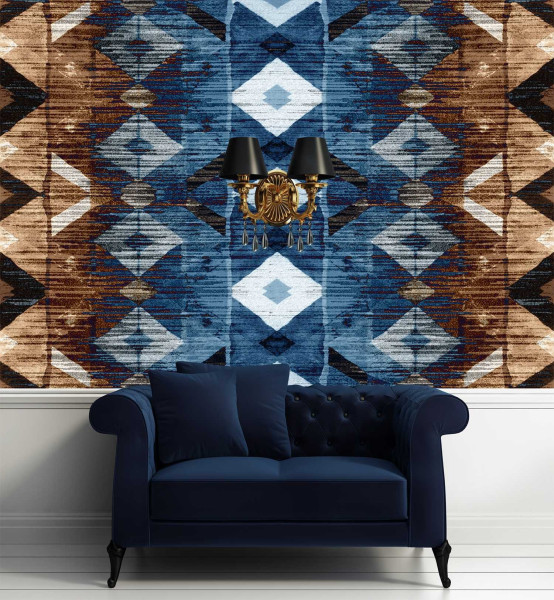 Feeby Fototapeta, Geometryczny wzór niebiesko brązowy gobelin 150x105