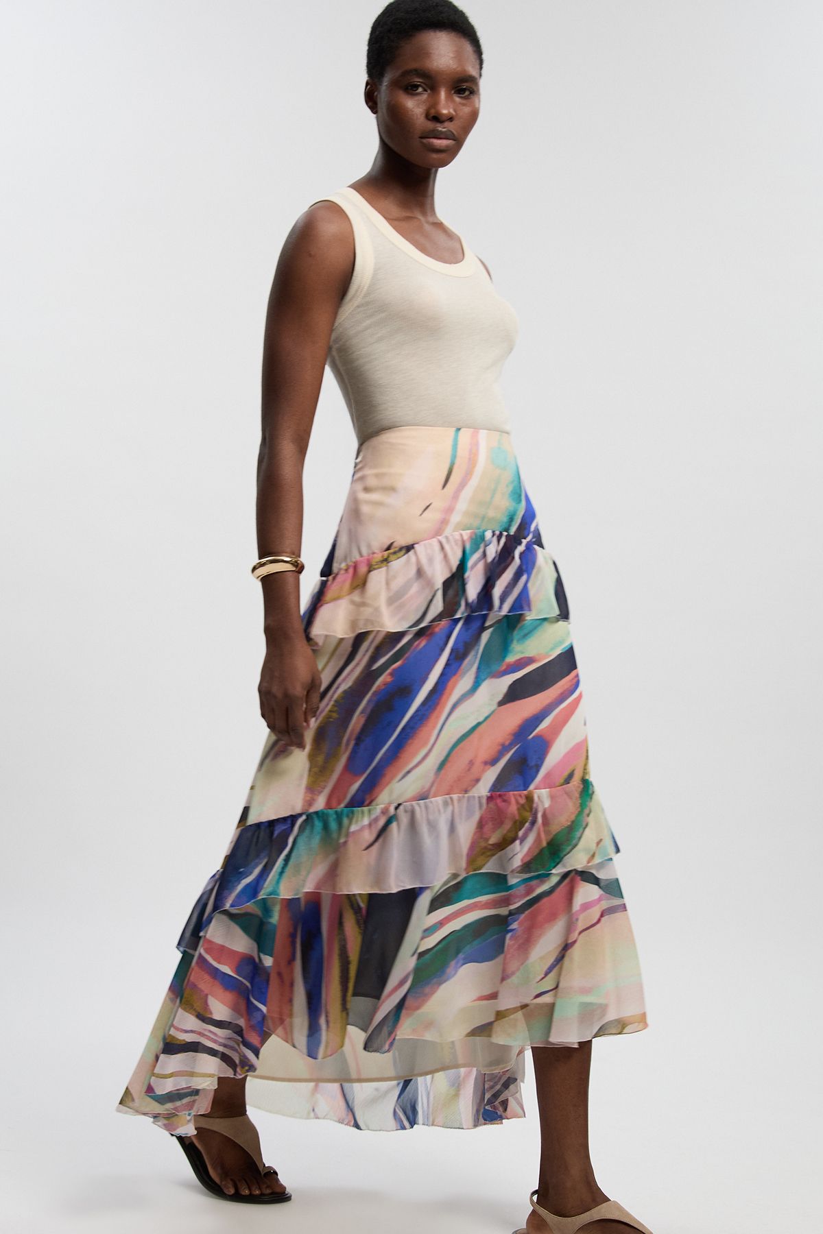 KarenMillen Marble Print Crinkle Chiffon Woven Maxi Skirt