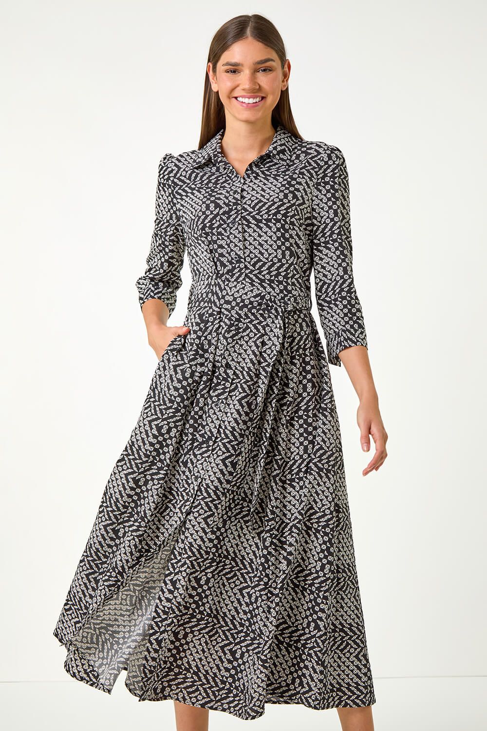 Roman Geometric Print Tie Waist Midi Shirt Dress