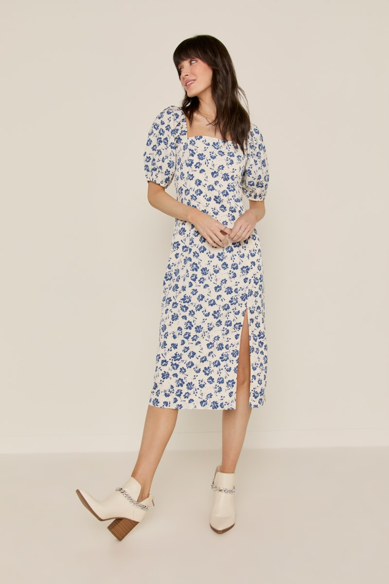 Natasha Puff Sleeve Side Slit Midi Dress