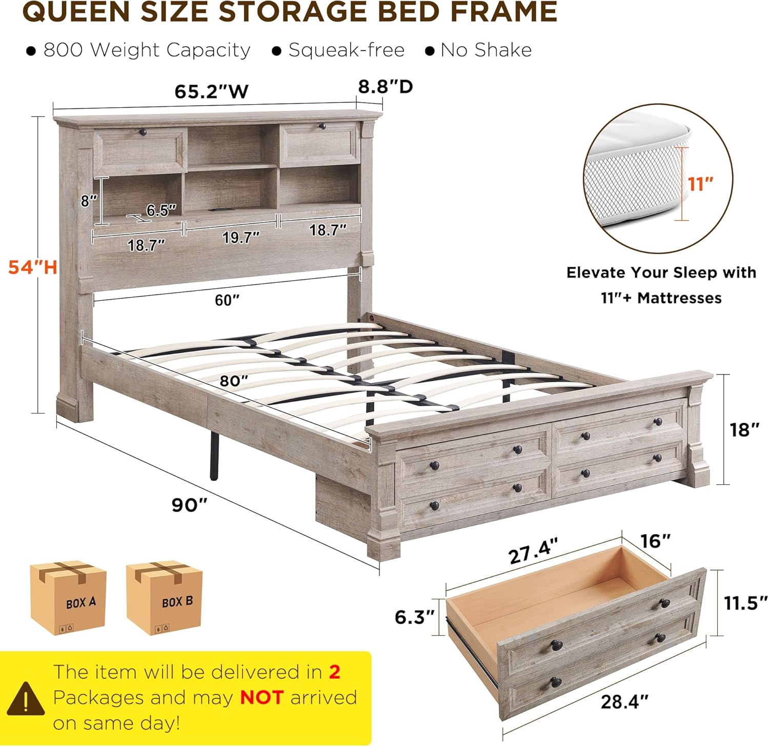 T4TREAM Farmhouse Queen Size Bed Frame with 54 Tall Storage Bookcase Headboard, Wood Platform Bed Frame with 18 Roman Column Decoration Footboard & 2 Drawers, No Box Spring Needed(Light Rustic Oak)