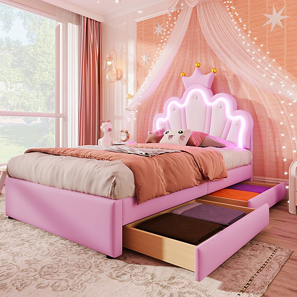 Lit Simple pour enfant 90 x 200 cm - Lit avec 2 Rangements - PU   MDF - Sans Matelas - Rose