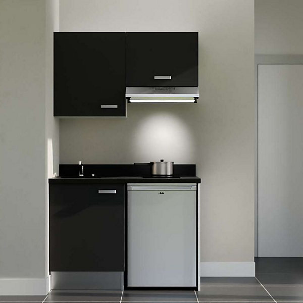 Kitchenette K01 - 120 cm - façades Noir - Plan monobloc en quartz coloris Nero évier à gauche - Electroménager Inox