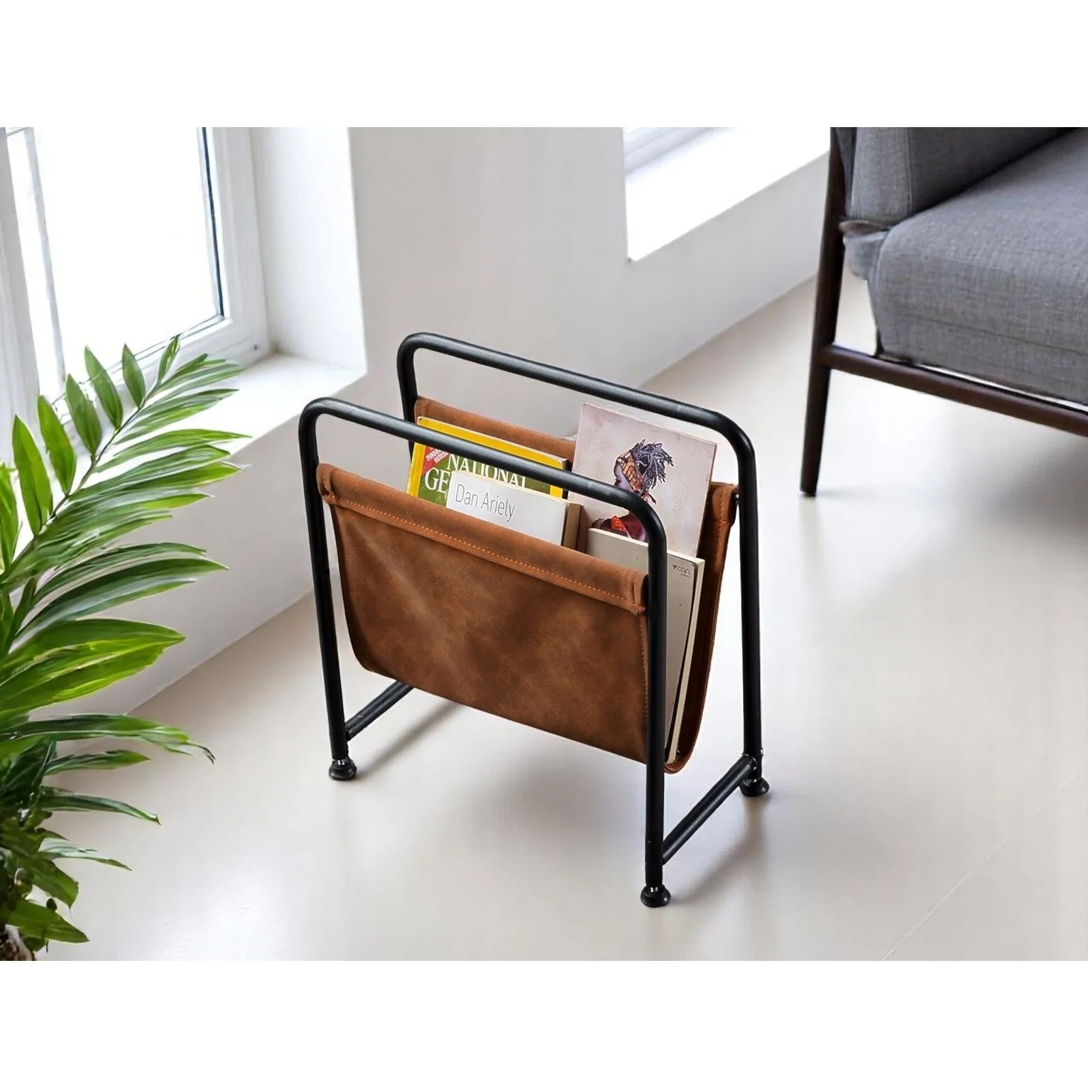 Eren Matte Black Metal Frame Leatherette Sling Magazine Holder for Living Rooms, Home Offices