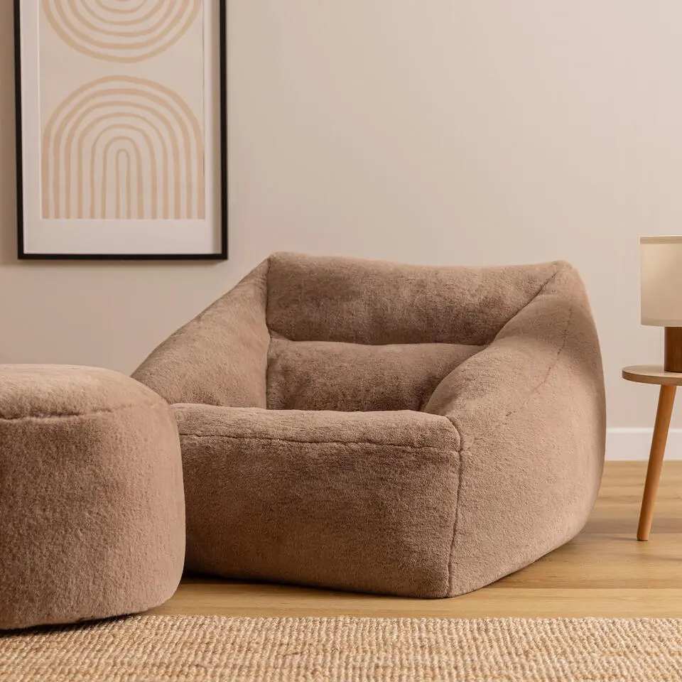 icon - Natalia XL Zitzak Fauteuil met Ronde Poef - Imitatiebont - Mocha