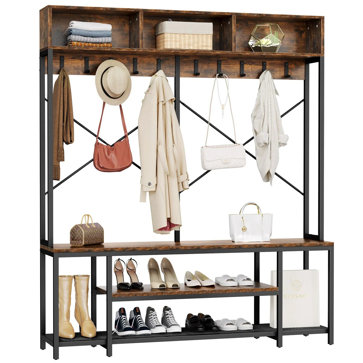 Moasis Industrial Entryway Bench with Coat Rack, 5-in-1 Hall Tree with Shoes Storage