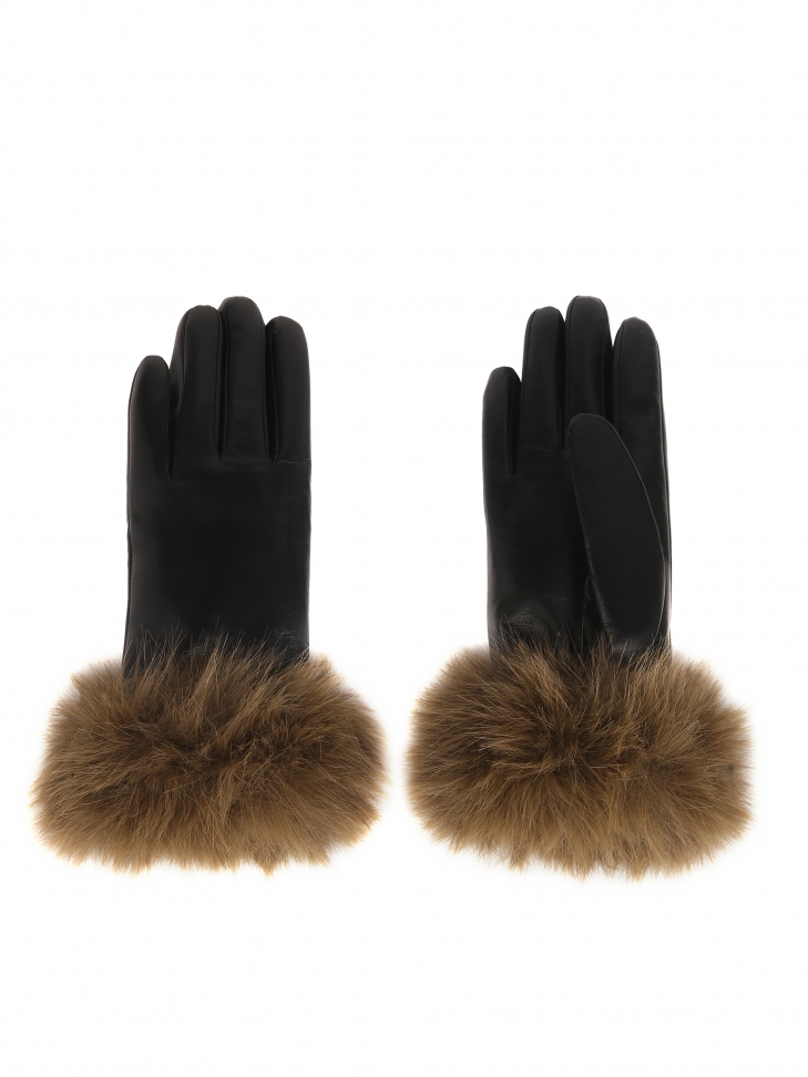Black leather gloves with synthetic fur