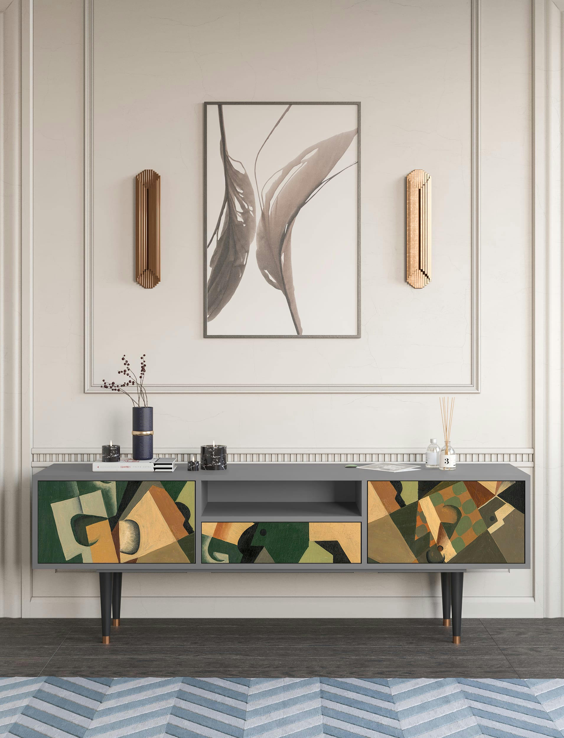 GLASS AND CHECKERBOARD BY JUAN GRIS - Meuble TV  multicolore 1 tiroir et 2 portes L 170 cm