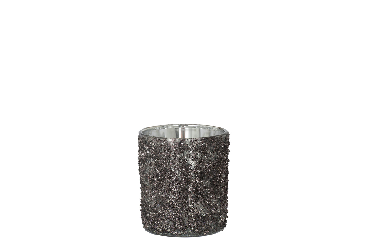 J-Line windlicht Glitter - glas - antraciet grijs - medium - 2 stuks