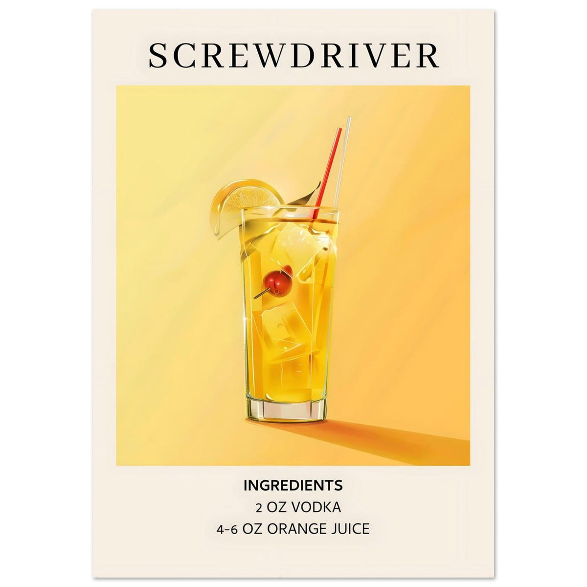 Artfulprints Poster Screwdriver cocktail - Ingrediënten  - A4 21x29.7 cm - Geel