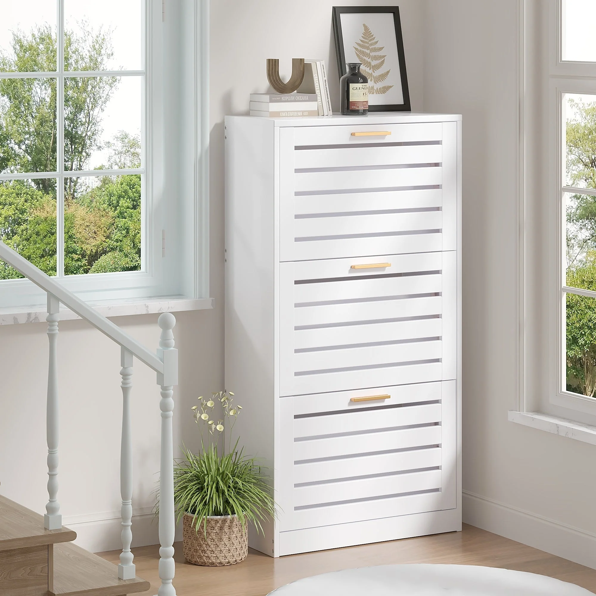 Shoe Storage Cabinet for Entryway with 3 Flip Drawers Slim Hidden Free Standing Organizer for Narrow Hallway