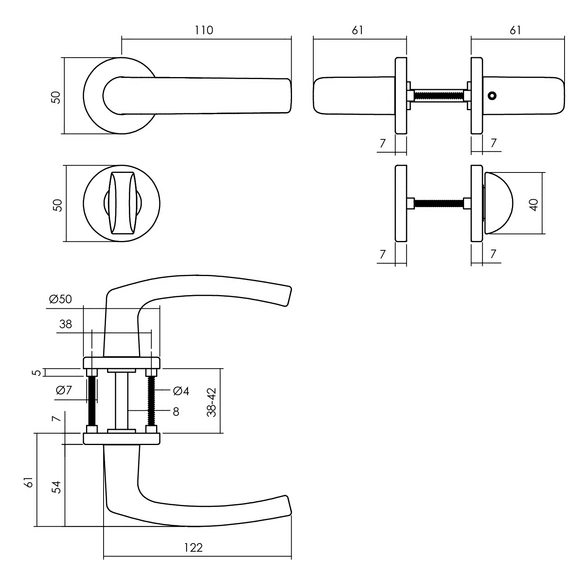 Türdrücker »Denham«, D.52x7 mm WC 8 mm stift