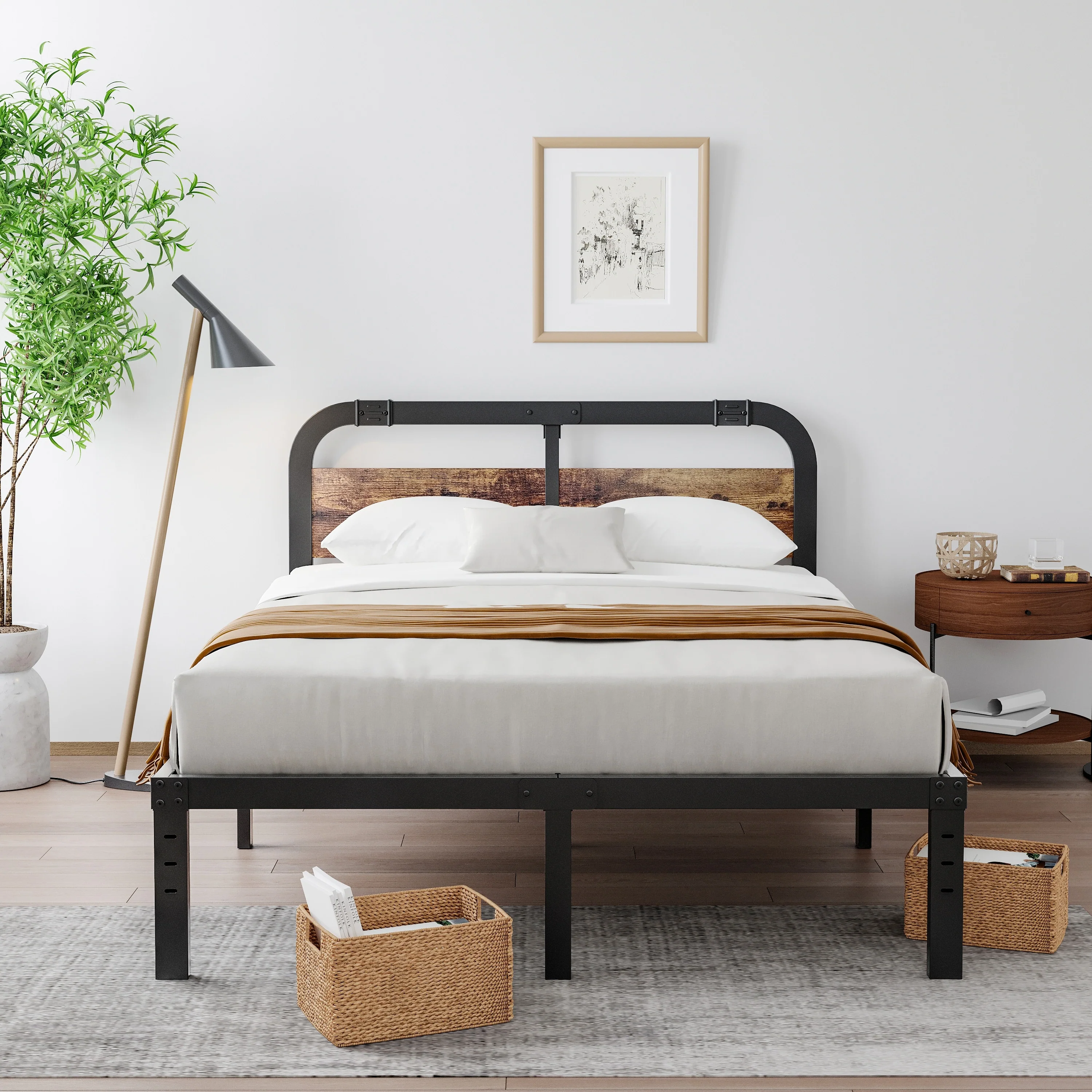 Heavy Duty Anti-Sway 40 Inch Iron Bed With Solid Wood Headboard