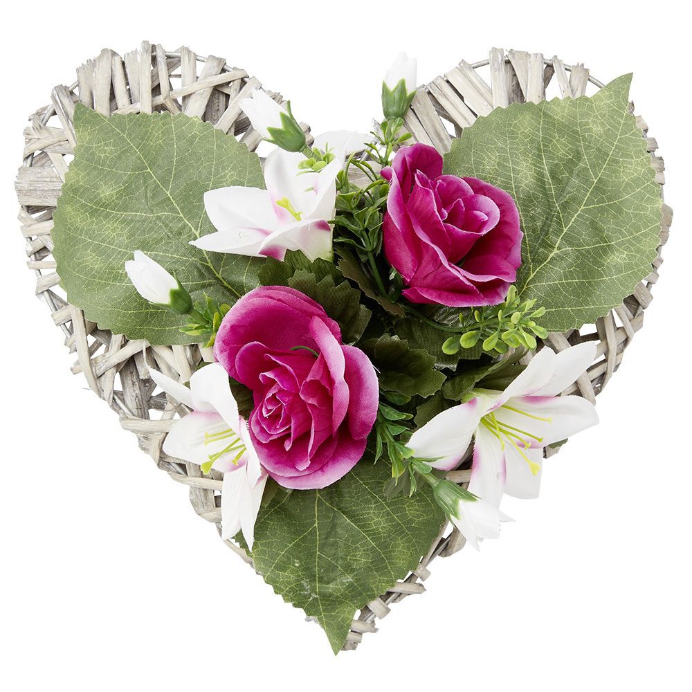 Coeur effet tressé fleur artificielle rose et lys 30x31xH16cm