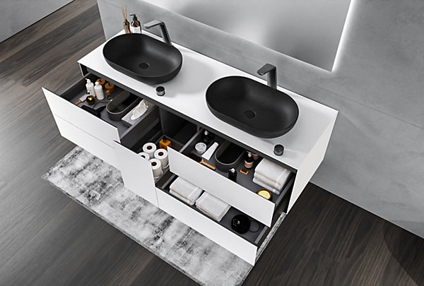 Meuble suspendu MDF de salle de bain design avec tiroirs pour vasque à poser - Blanc - 160x52x48cm - ARCTIC 1600