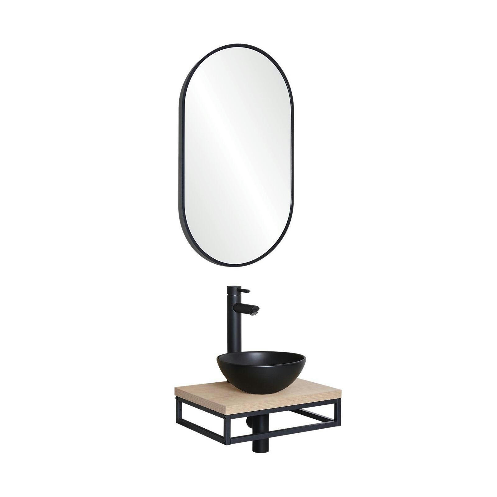 SOHO - Meuble lave-mains  plan fin p-serviette dessous vasque noire+miroir