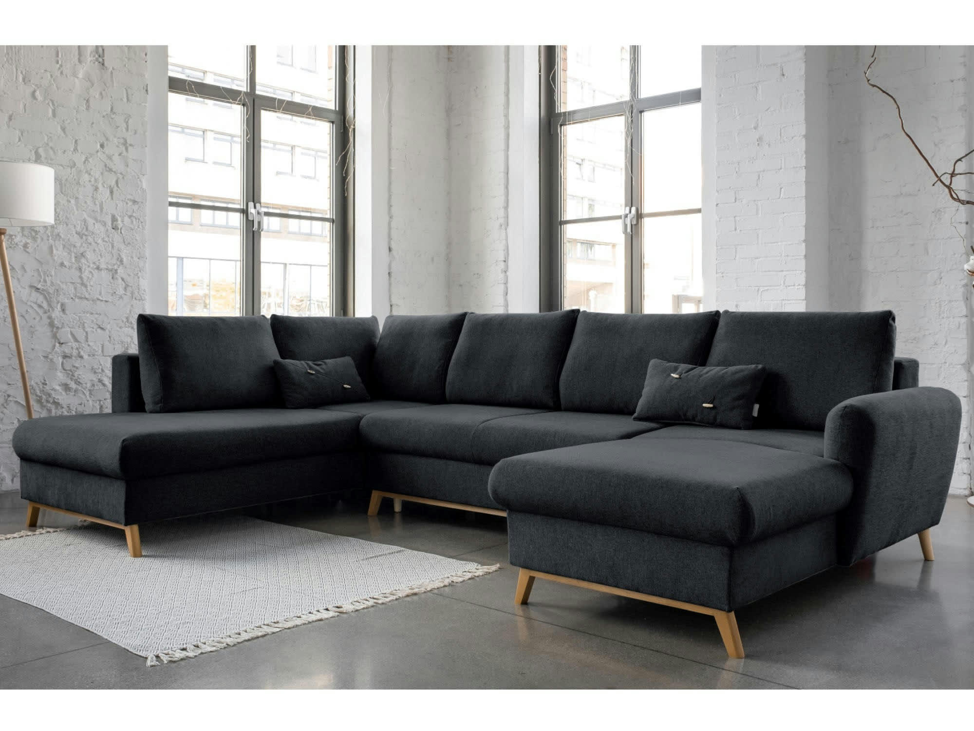 LAGOM - Canapé panoramique 7 places angle gauche en tissu gris foncé