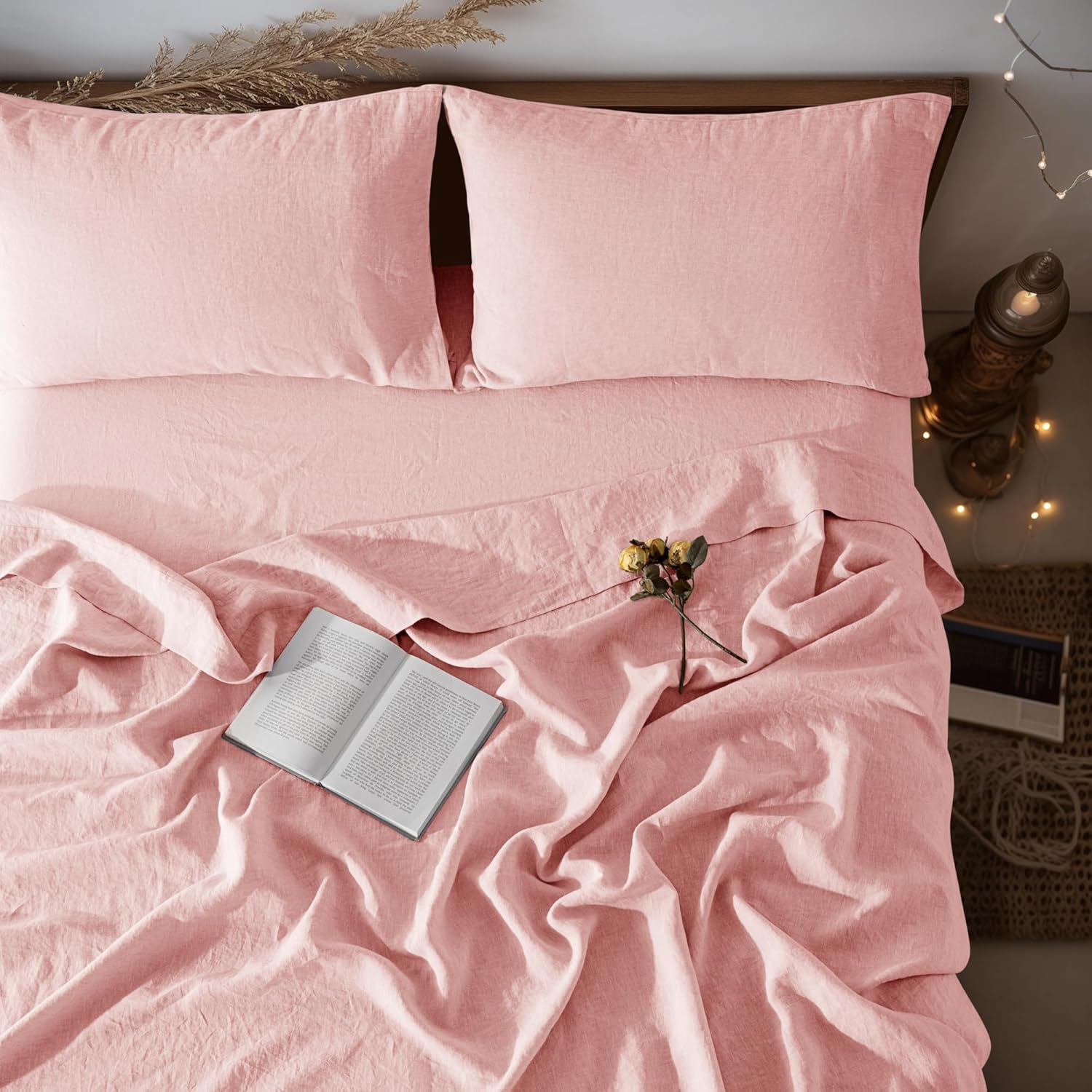 LBRO2M 100% Pure Linen Sheet Set Deep Pocket Up to 16 Bed Sheets Sets, Natural Flax Beddings Soft, Breathable, Comfortable for All Seasons 4 Pcs Sheet Set Queen Size, Blush Pink