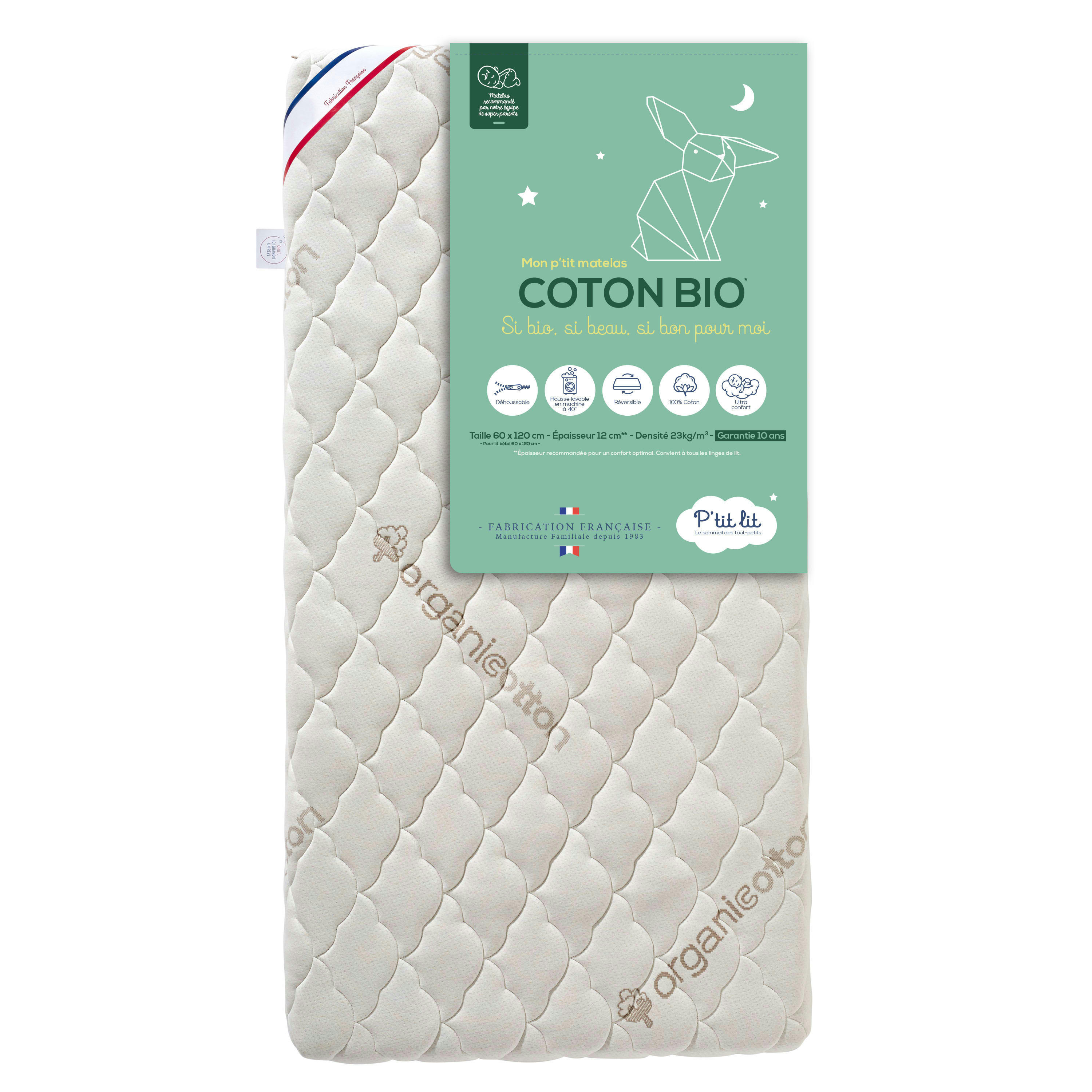 COTON BIO - Matelas bébé housse 100% coton 60x120