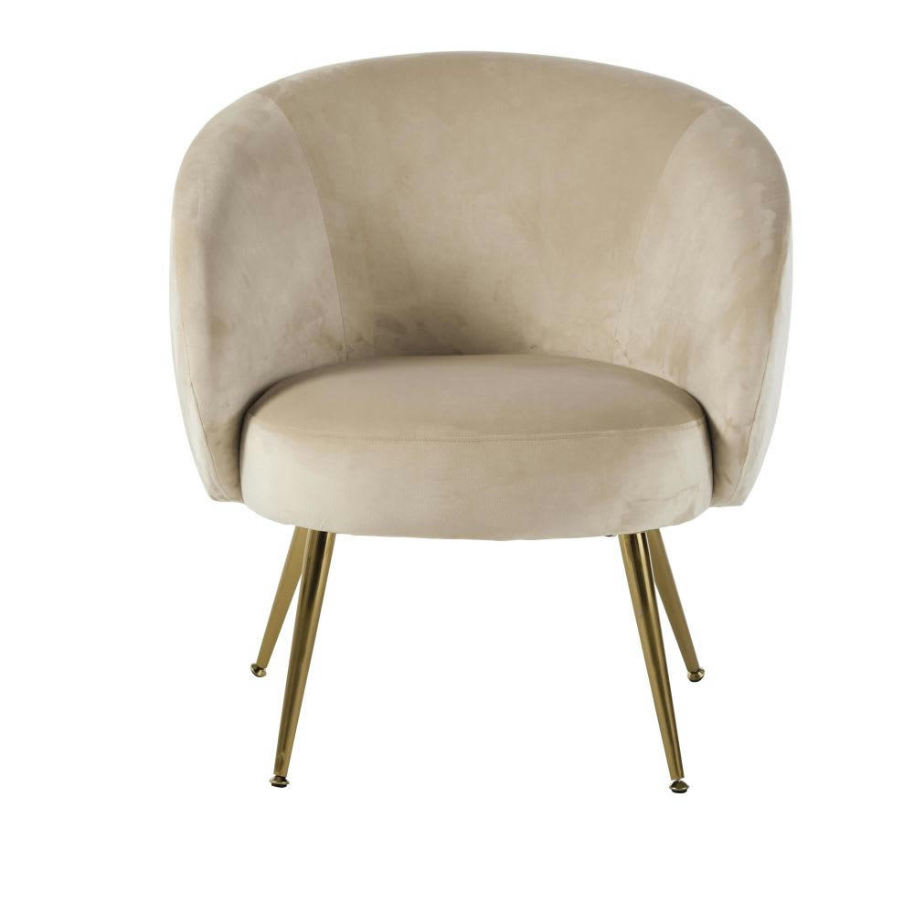 Bizou - Fauteuil en velours beige et pieds en métal doré