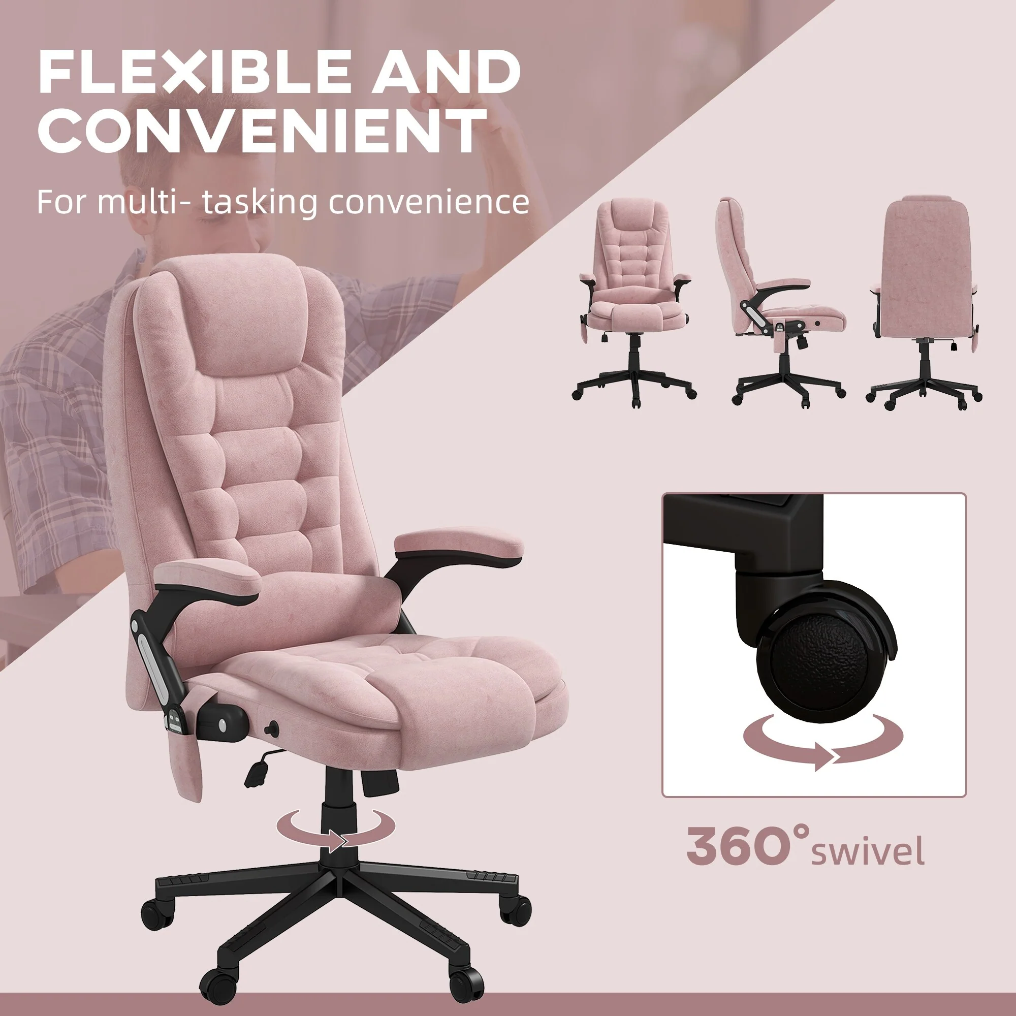 Pink Velvet 360° Swivel High Back Office Recliner with Vibration Massage, Lumbar Heating, Adjustable Height