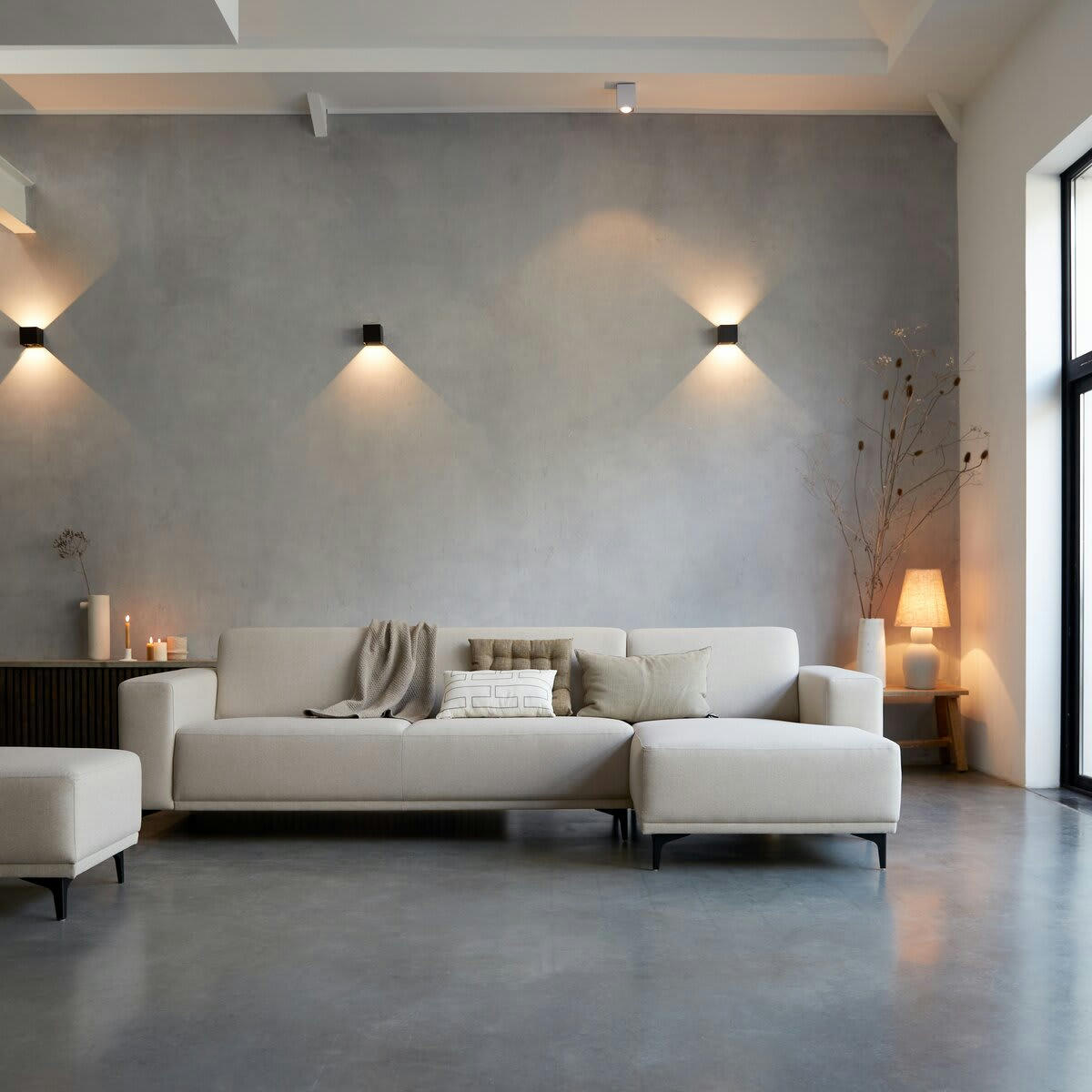 LARS - Canapé d'angle droit en tissu écru 300 x 150 cm, 5 places