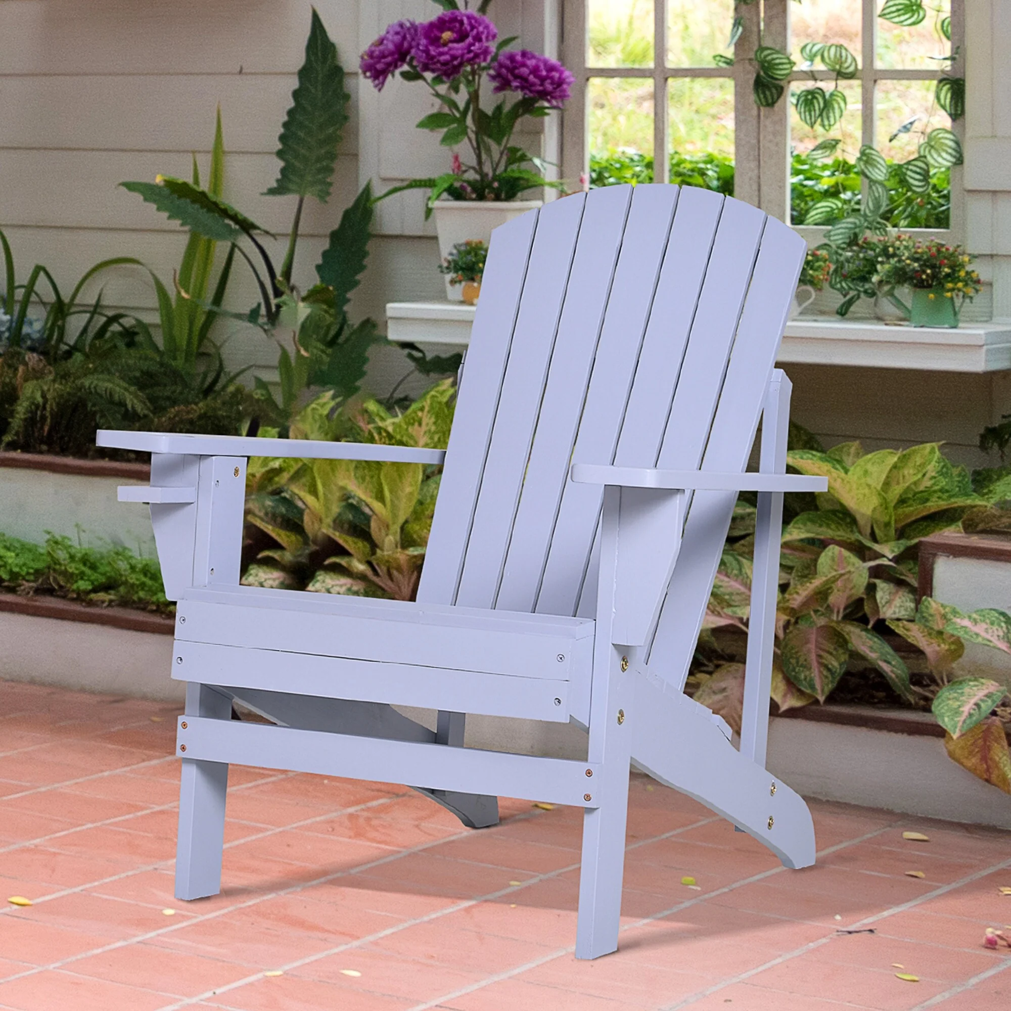 Wooden Adirondack Chair, Outdoor Patio Lawn Chair With Cup Holder, Weather Resistant Lawn Furniture