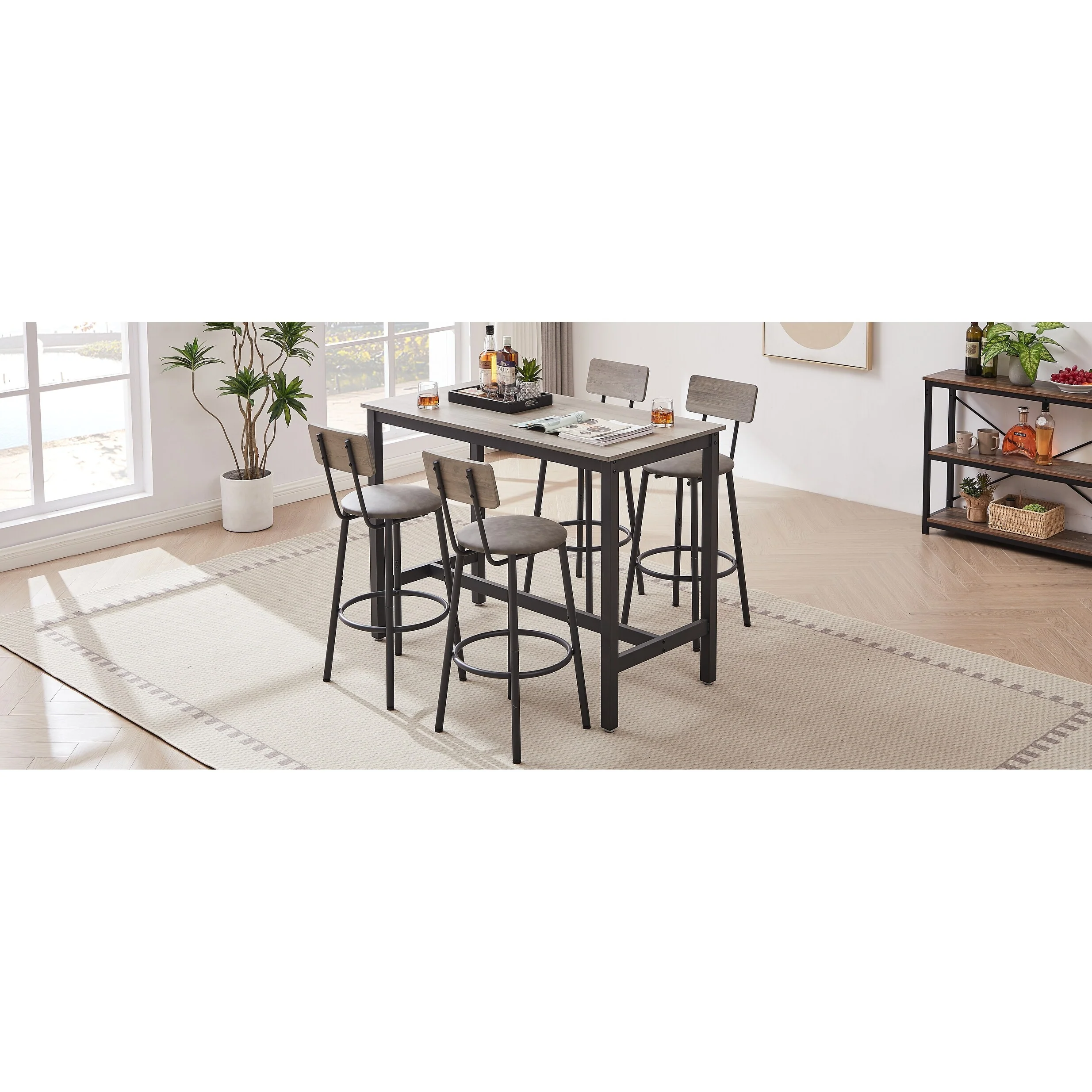 Bar Table Set with 4 Bar stools PU Soft seat with backrest