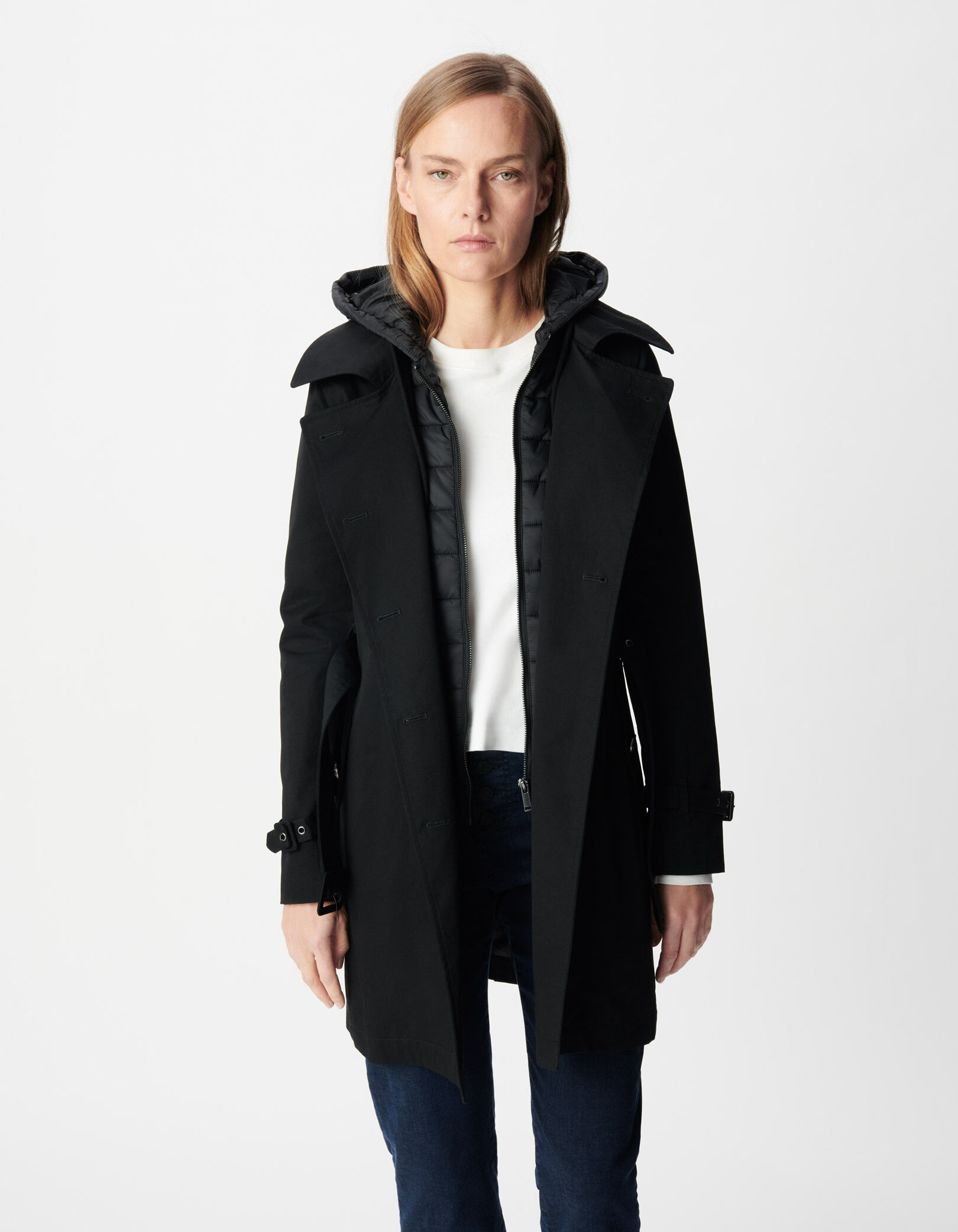 Trench noir capuche nylon amovible Femme