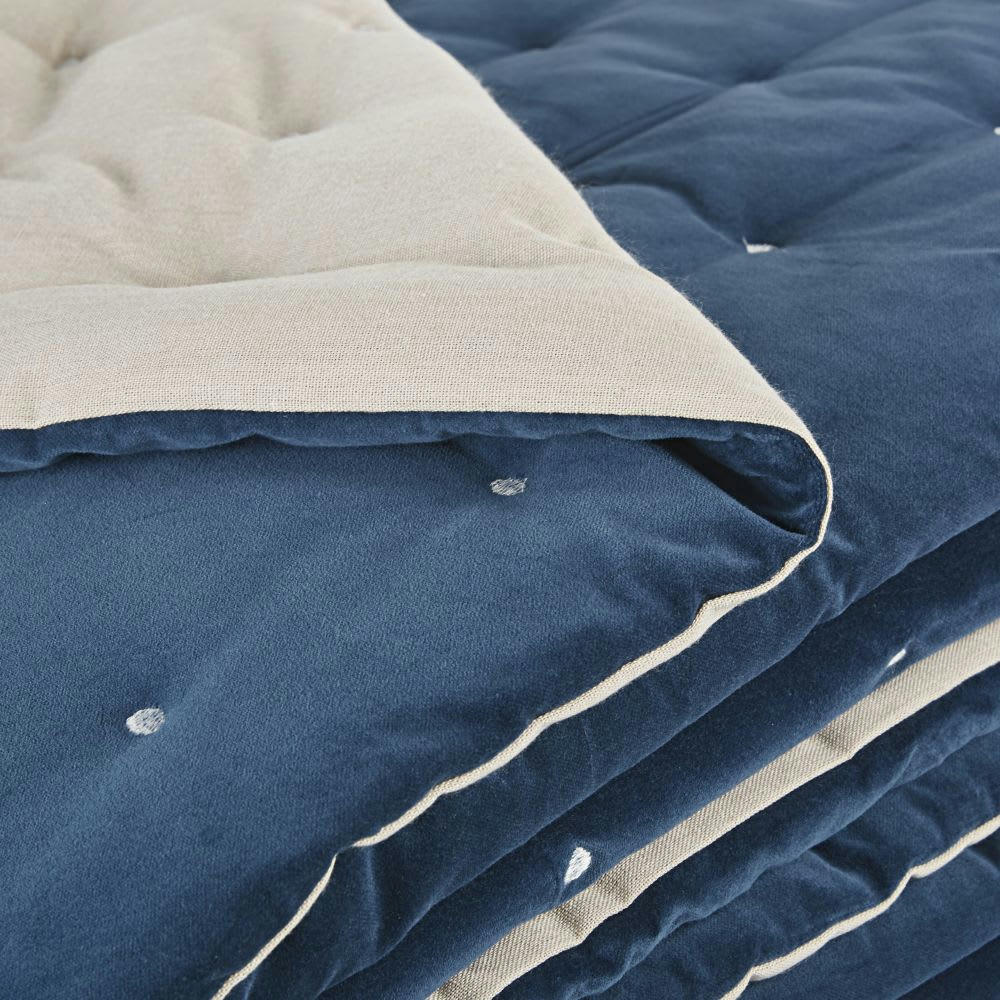 - Boutis réversible en velours de coton bleu indigo et écru 240x260