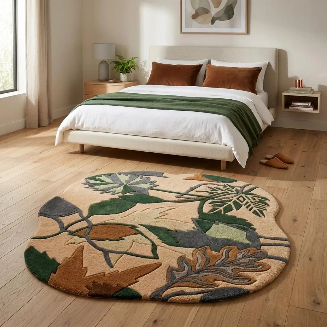 Organic Shape Area Rug, Botanical Wool Carpet, Green Brown Floor Mat, Hand Tufted Nature Decor, 5x8 8x10 Custom Size Available Now