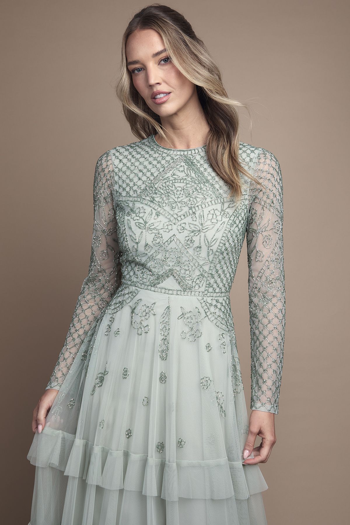 Coast Embellished Artwork Long Sleeve Tiered Bridesmaid Maxi Dress