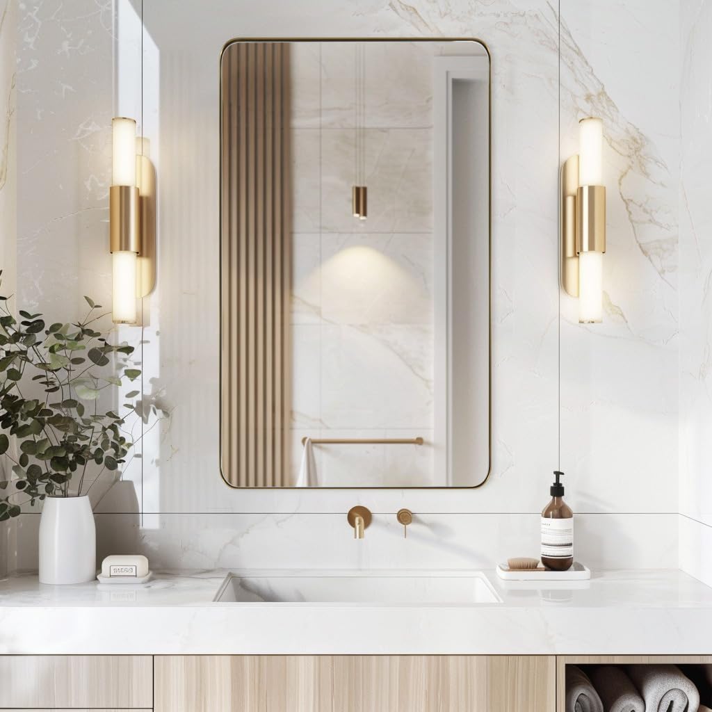 ANDY STAR 30x48 Brass Gold Bathroom Mirror, Large Wall Mirror for Bathroom, Rounded Rectangle Mirror in Premium Stainless Steel Metal Frame Hangs Horizontal Or Vertical (Brushed Gold)