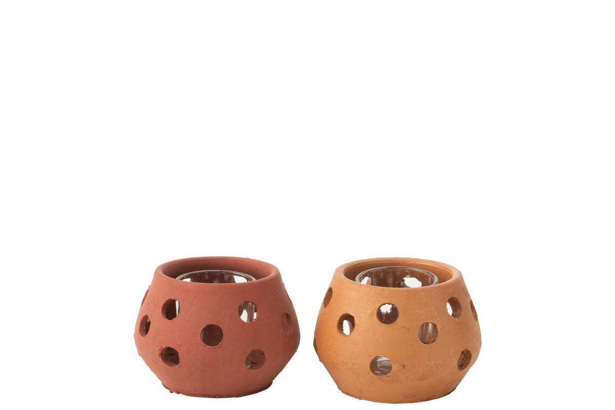 J-Line theelichthouder Gaia Rond - keramiek/glas - rood/bruin - 2 stuks