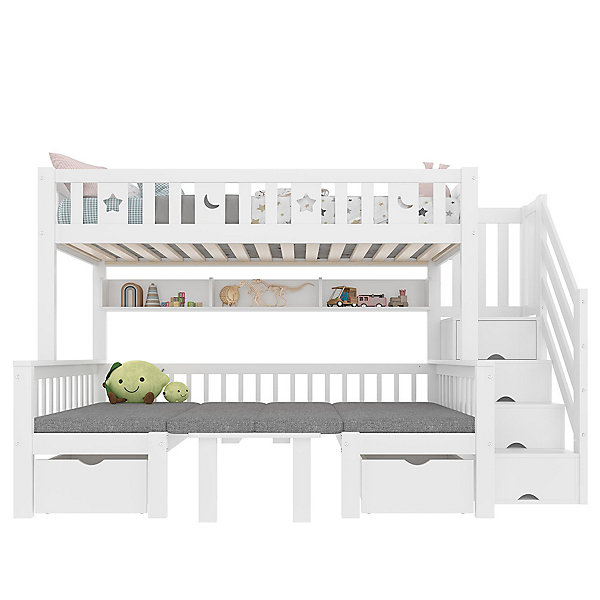 Lit mezzanine multifonctionnel avec bureau,90x200cm,blanc,échelle de rangement,barrière décorative