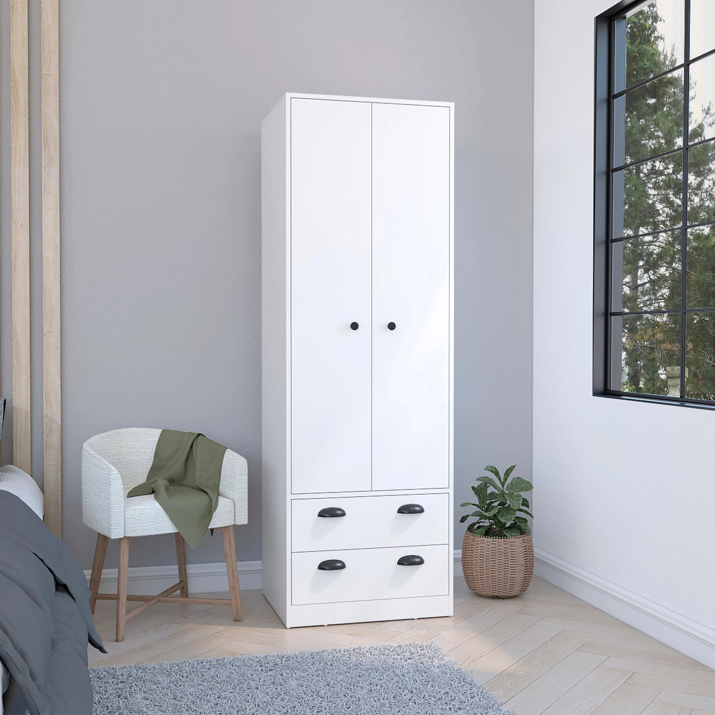 19.68 Modern Double-door Armoire with 2 Drawers and Hanging Rod for Bedroom