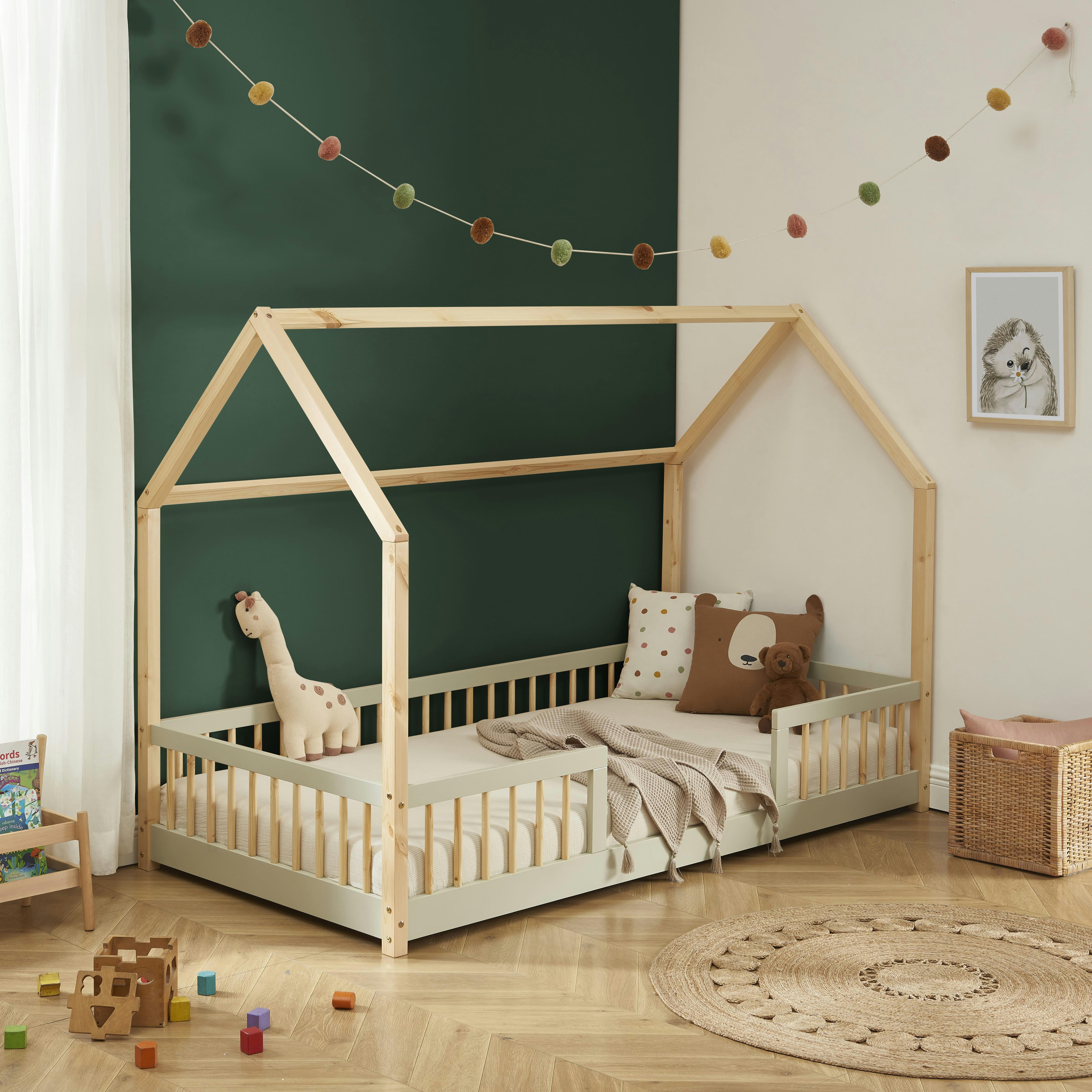 TINY - Lit cabane avec barrières  pin et perle 90x190 sommier inclus