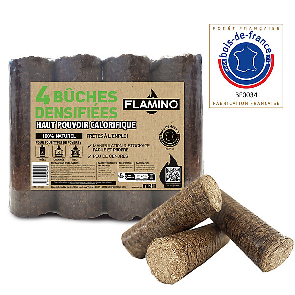 Bûche densifiée haut pouvoir calorifique Flamino - Prêt à l'emploi ≤ 12 % vendue par 4 pièces
