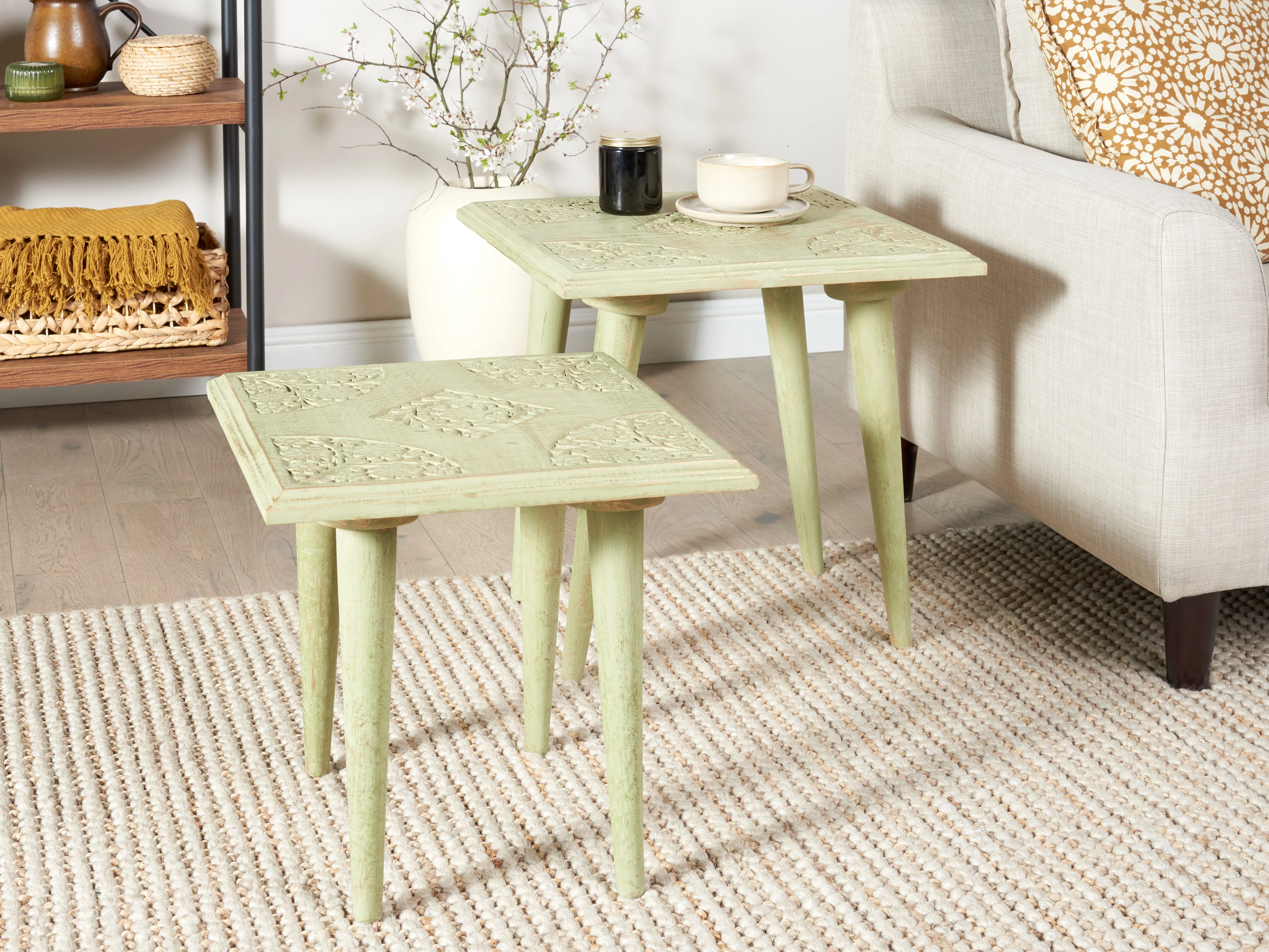 Set of 2 Side Tables BELIDHA Mango Wood Light Green